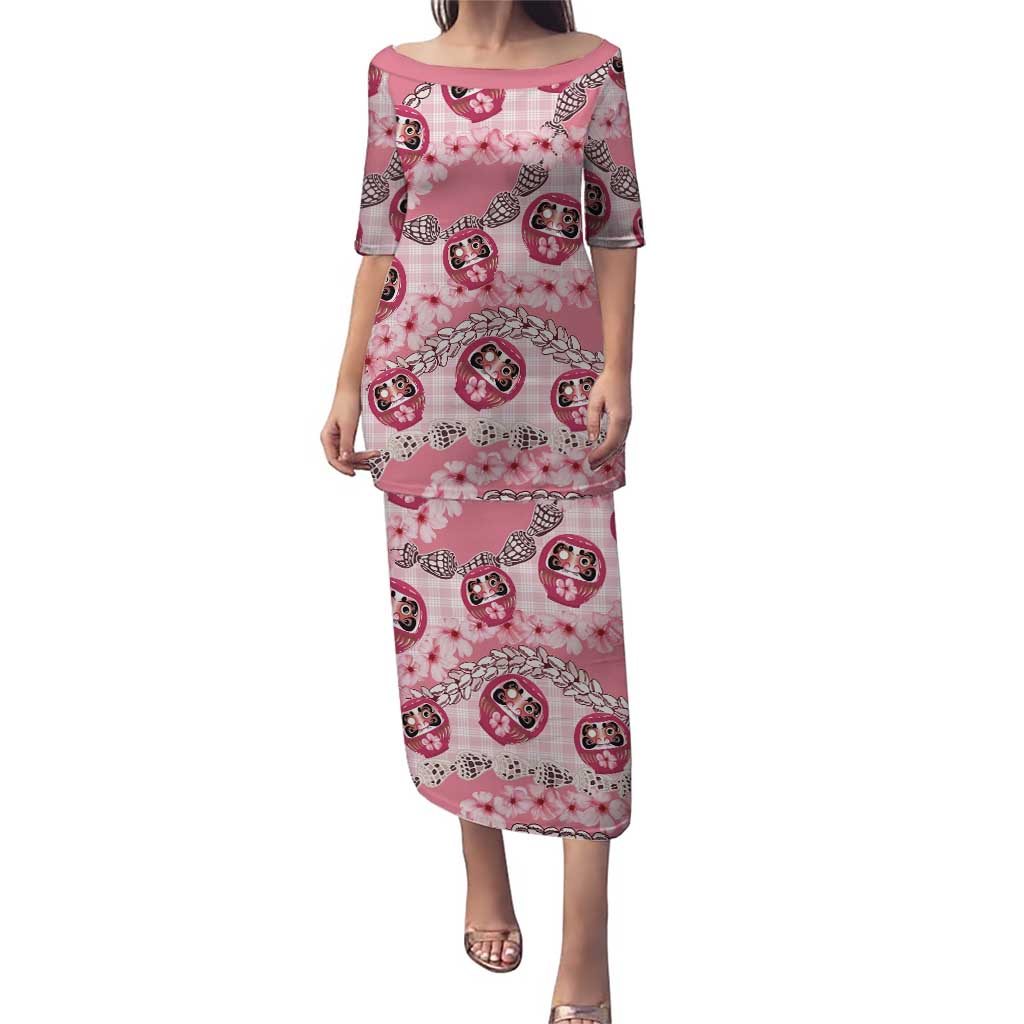 Japanese Daruma Doll Palaka Family Matching Puletasi and Hawaiian Shirt Cherry Blossoms With Shell Lei - Polynesian Pride