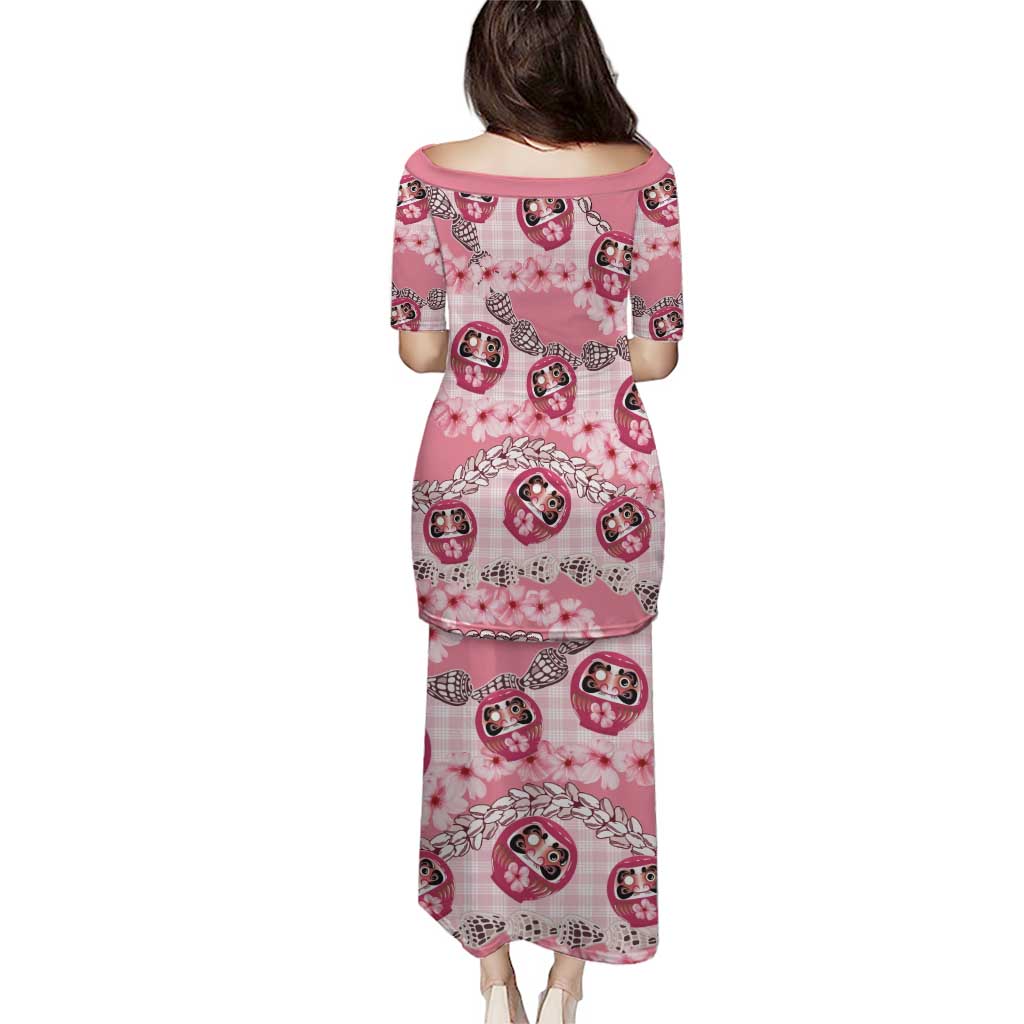 Japanese Daruma Doll Palaka Family Matching Puletasi and Hawaiian Shirt Cherry Blossoms With Shell Lei - Polynesian Pride