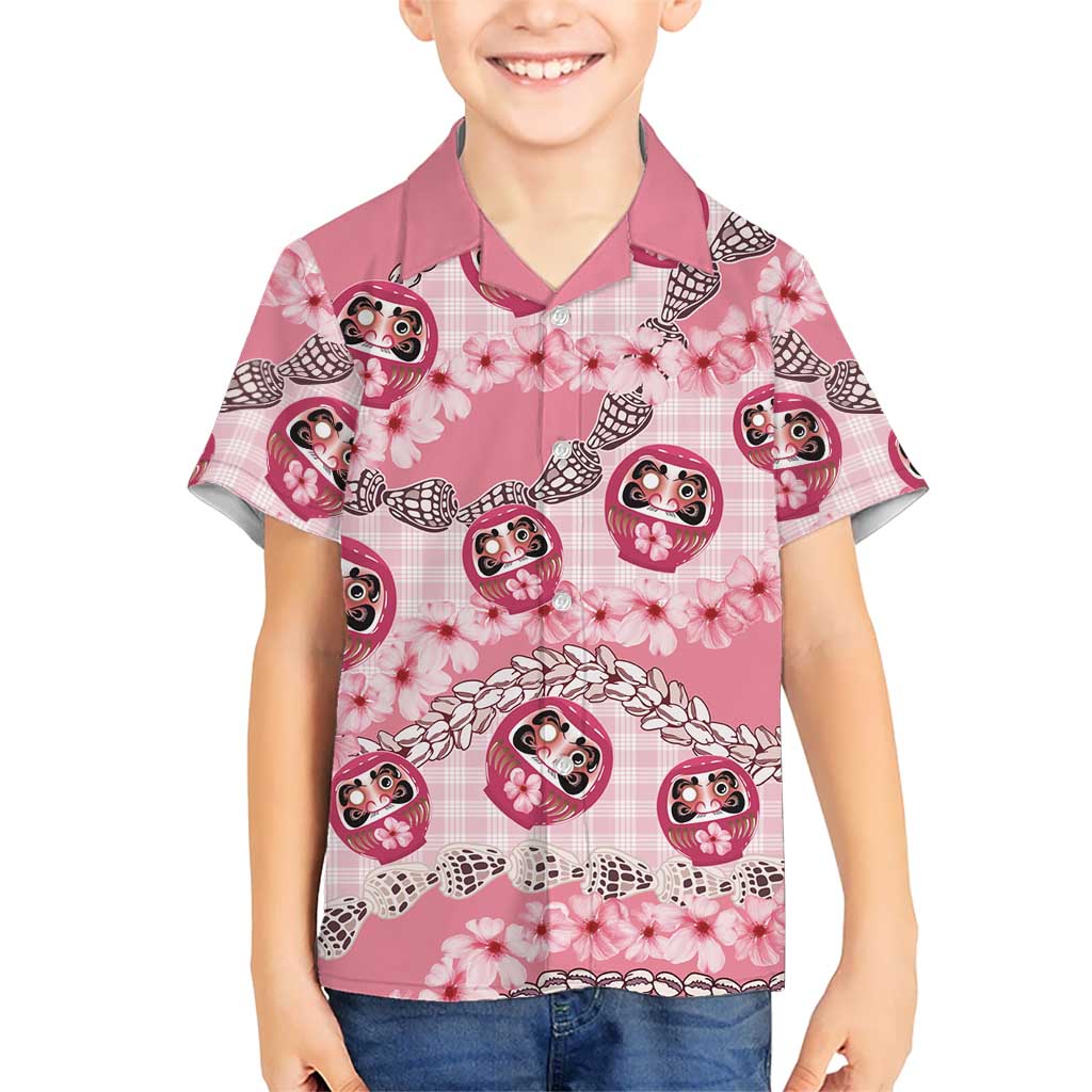 Japanese Daruma Doll Palaka Family Matching Puletasi and Hawaiian Shirt Cherry Blossoms With Shell Lei - Polynesian Pride