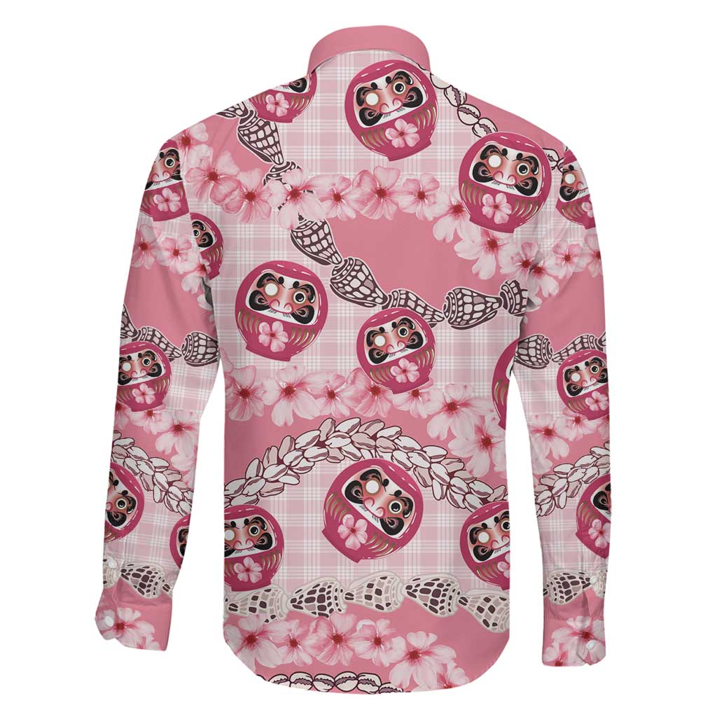 Japanese Daruma Doll Palaka Family Matching Short Sleeve Bodycon Dress and Hawaiian Shirt Cherry Blossoms With Shell Lei LT14 - Polynesian Pride