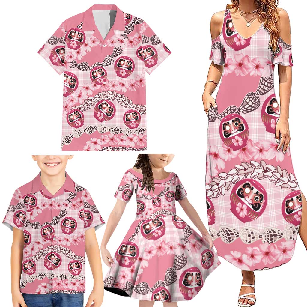 Japanese Daruma Doll Palaka Family Matching Summer Maxi Dress and Hawaiian Shirt Cherry Blossoms With Shell Lei - Polynesian Pride