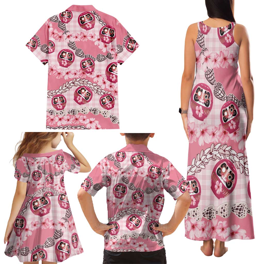Japanese Daruma Doll Palaka Family Matching Tank Maxi Dress and Hawaiian Shirt Cherry Blossoms With Shell Lei LT14 - Polynesian Pride