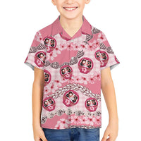 Japanese Daruma Doll Palaka Family Matching Tank Maxi Dress and Hawaiian Shirt Cherry Blossoms With Shell Lei LT14 Son's Shirt Pink - Polynesian Pride