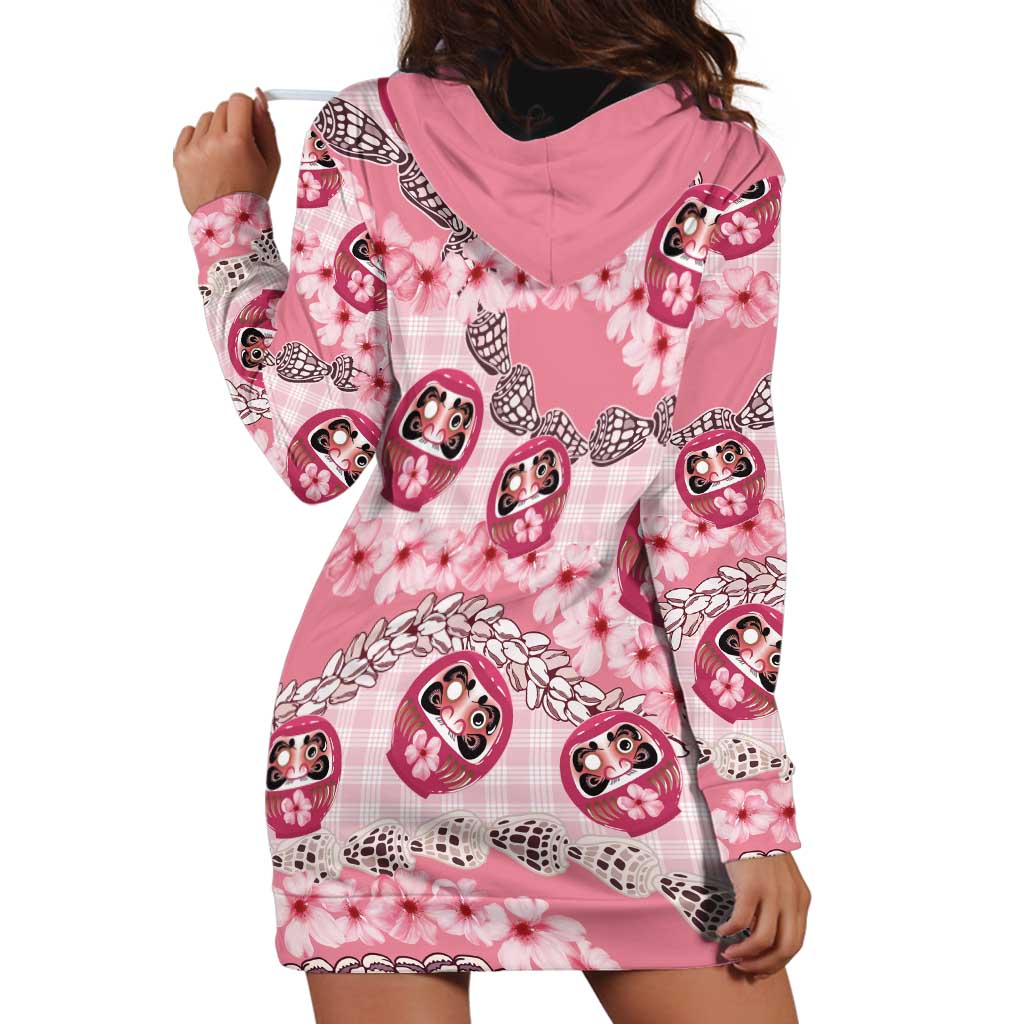 Japanese Daruma Doll Palaka Hoodie Dress Cherry Blossoms With Shell Lei - Polynesian Pride