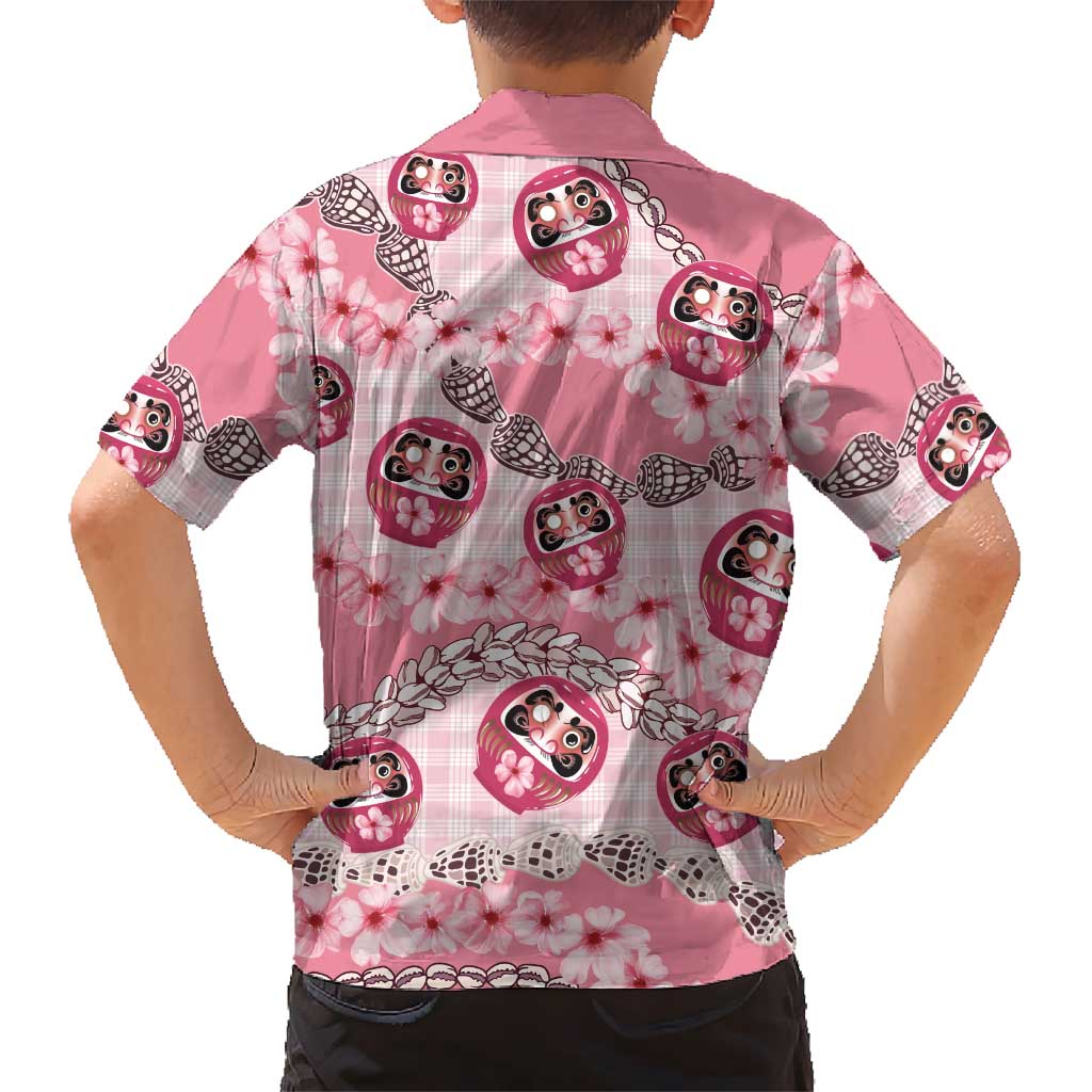 Japanese Daruma Doll Palaka Kid Hawaiian Shirt Cherry Blossoms With Shell Lei - Polynesian Pride
