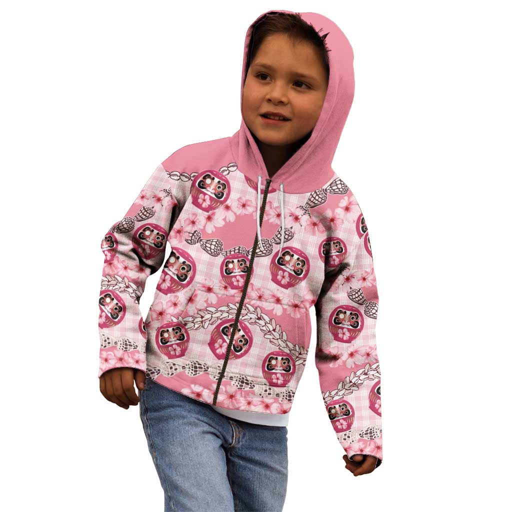 Japanese Daruma Doll Palaka Kid Hoodie Cherry Blossoms With Shell Lei - Polynesian Pride
