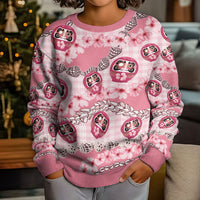Japanese Daruma Doll Palaka Kid Ugly Christmas Sweater Cherry Blossoms With Shell Lei LT14 - Polynesian Pride