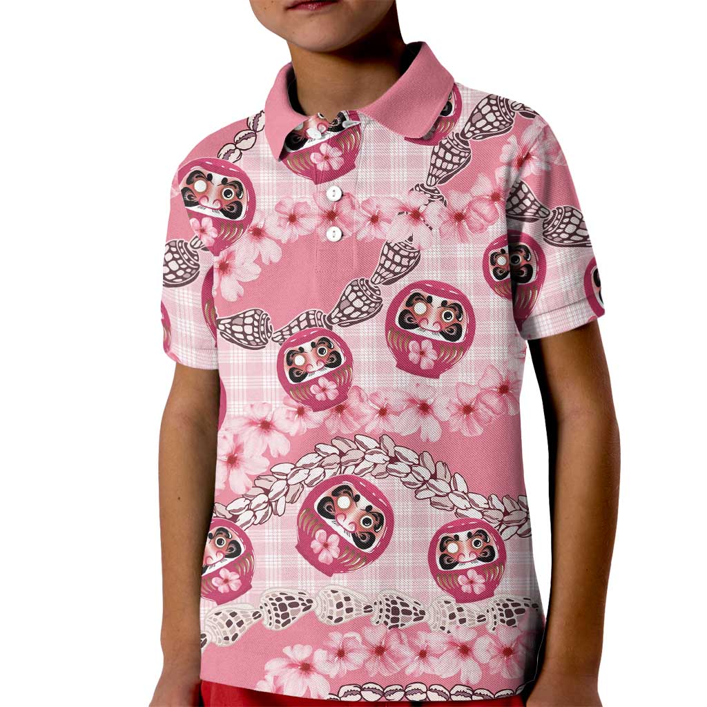 Japanese Daruma Doll Palaka Kid Polo Shirt Cherry Blossoms With Shell Lei - Polynesian Pride