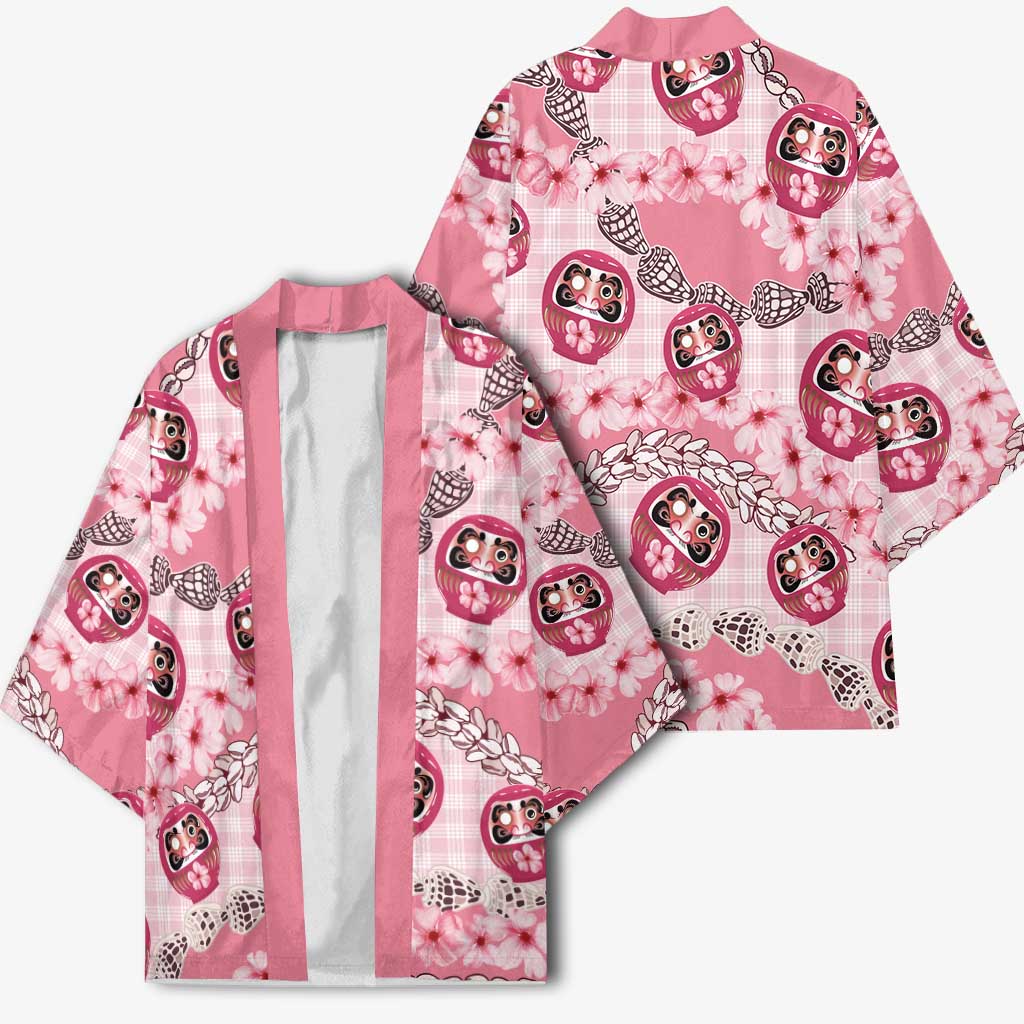Japanese Daruma Doll Palaka Kimono Cherry Blossoms With Shell Lei - Polynesian Pride