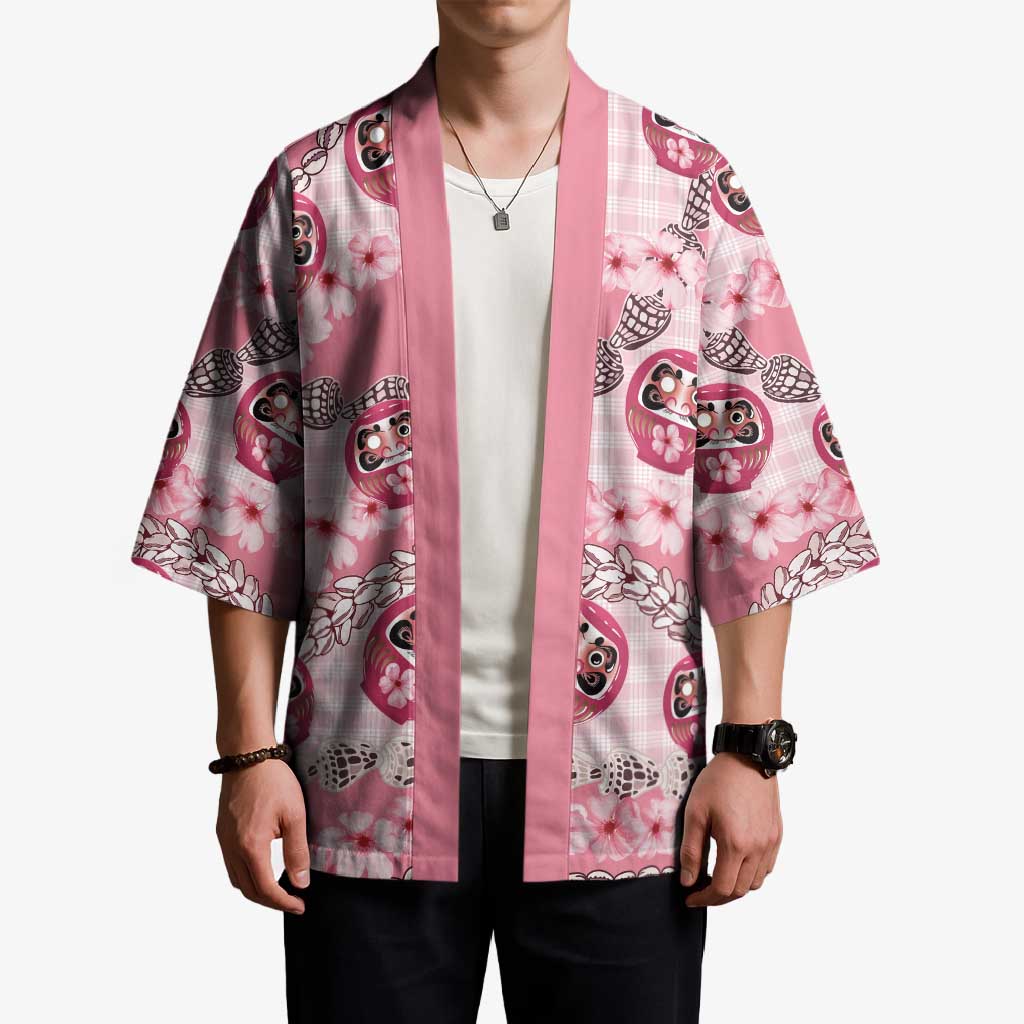 Japanese Daruma Doll Palaka Kimono Cherry Blossoms With Shell Lei - Polynesian Pride