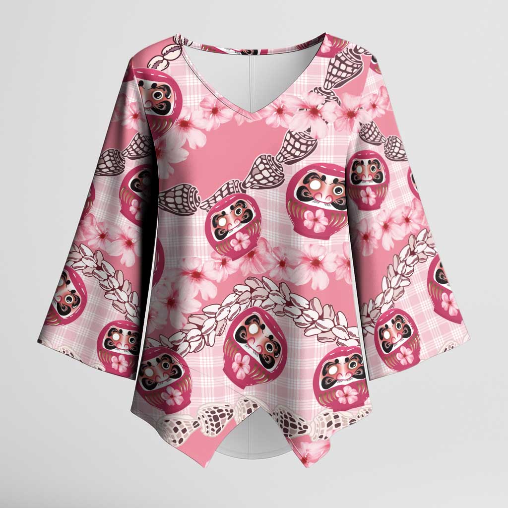 Japanese Daruma Doll Palaka Kimono Sleeve Blouse Cherry Blossoms With Shell Lei - Polynesian Pride