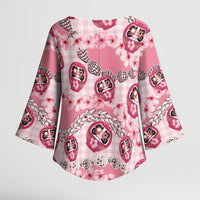 Japanese Daruma Doll Palaka Kimono Sleeve Blouse Cherry Blossoms With Shell Lei - Polynesian Pride