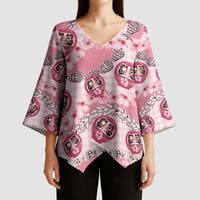 Japanese Daruma Doll Palaka Kimono Sleeve Blouse Cherry Blossoms With Shell Lei - Polynesian Pride