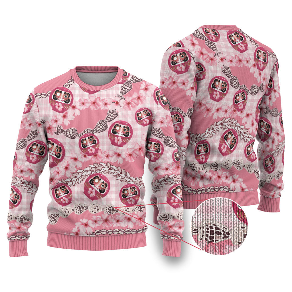 Japanese Daruma Doll Palaka Ugly Christmas Sweater Cherry Blossoms With Shell Lei LT14 Pink - Polynesian Pride