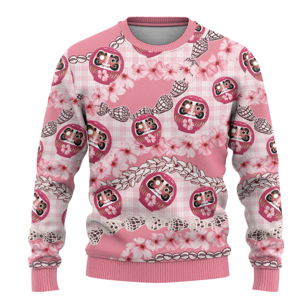 Japanese Daruma Doll Palaka Ugly Christmas Sweater Cherry Blossoms With Shell Lei LT14 - Polynesian Pride