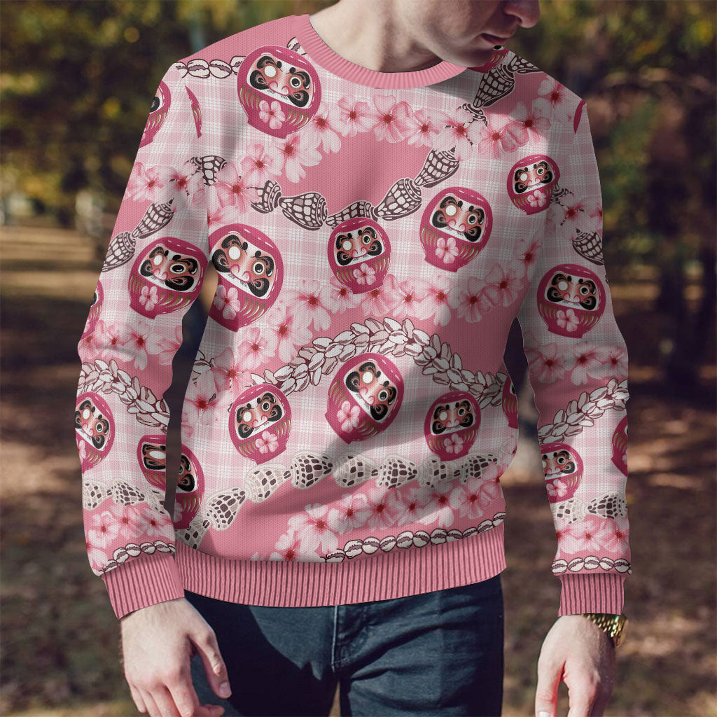 Japanese Daruma Doll Palaka Ugly Christmas Sweater Cherry Blossoms With Shell Lei LT14 - Polynesian Pride