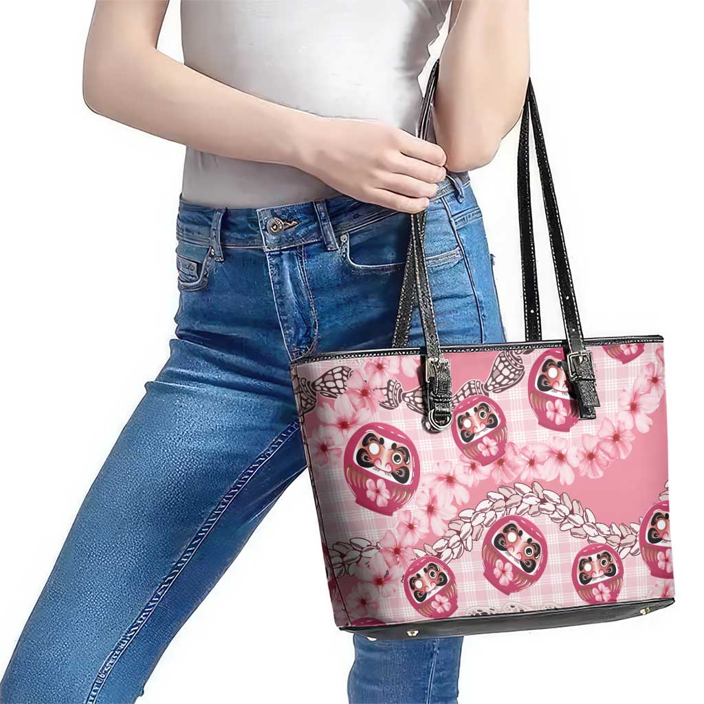 Japanese Daruma Doll Palaka Leather Tote Bag Cherry Blossoms With Shell Lei - Polynesian Pride