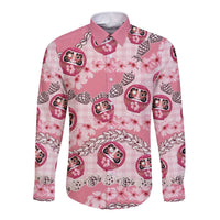 Japanese Daruma Doll Palaka Long Sleeve Button Shirt Cherry Blossoms With Shell Lei - Polynesian Pride