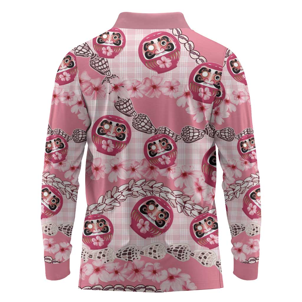 Japanese Daruma Doll Palaka Long Sleeve Polo Shirt Cherry Blossoms With Shell Lei - Polynesian Pride