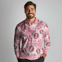 Japanese Daruma Doll Palaka Long Sleeve Polo Shirt Cherry Blossoms With Shell Lei - Polynesian Pride