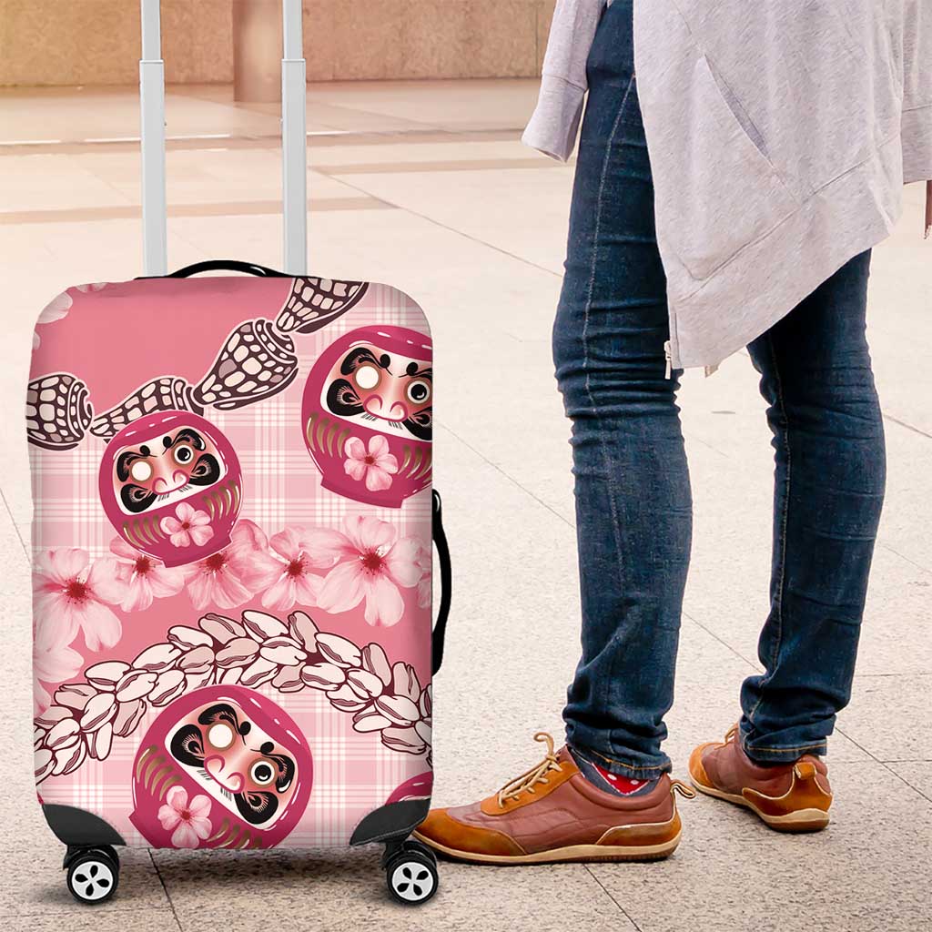 Japanese Daruma Doll Palaka Luggage Cover Cherry Blossoms With Shell Lei - Polynesian Pride