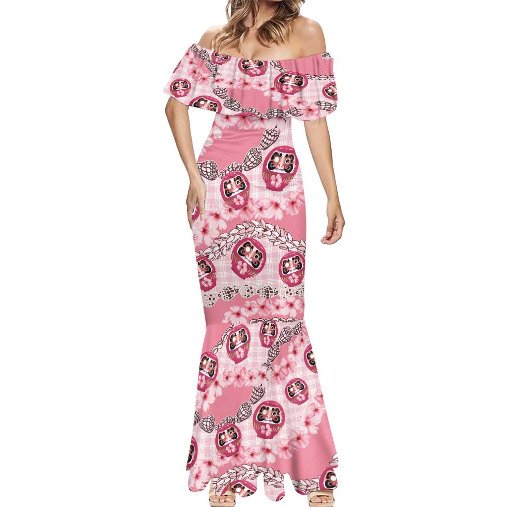 Japanese Daruma Doll Palaka Mermaid Dress Cherry Blossoms With Shell Lei - Polynesian Pride