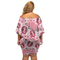 Japanese Daruma Doll Palaka Off Shoulder Short Dress Cherry Blossoms With Shell Lei - Polynesian Pride