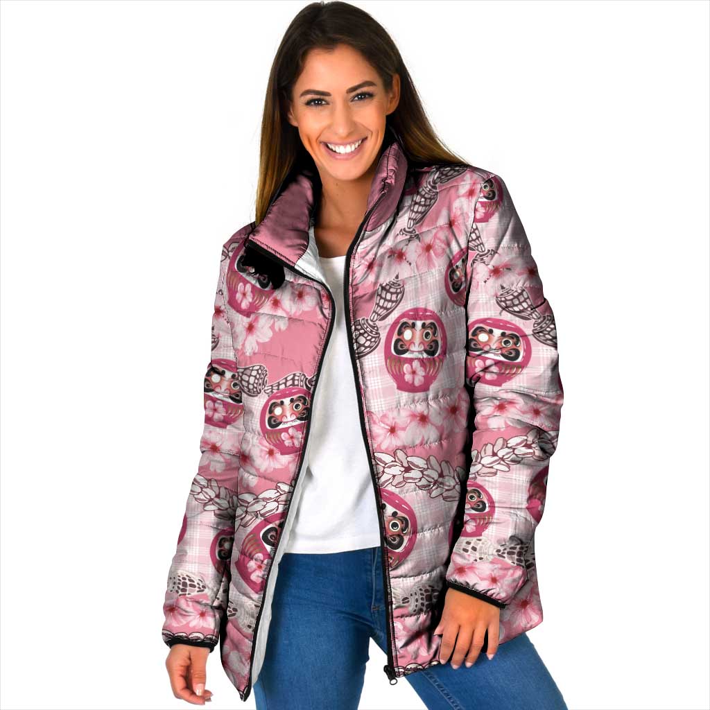 Japanese Daruma Doll Palaka Padded Jacket Cherry Blossoms With Shell Lei - Polynesian Pride