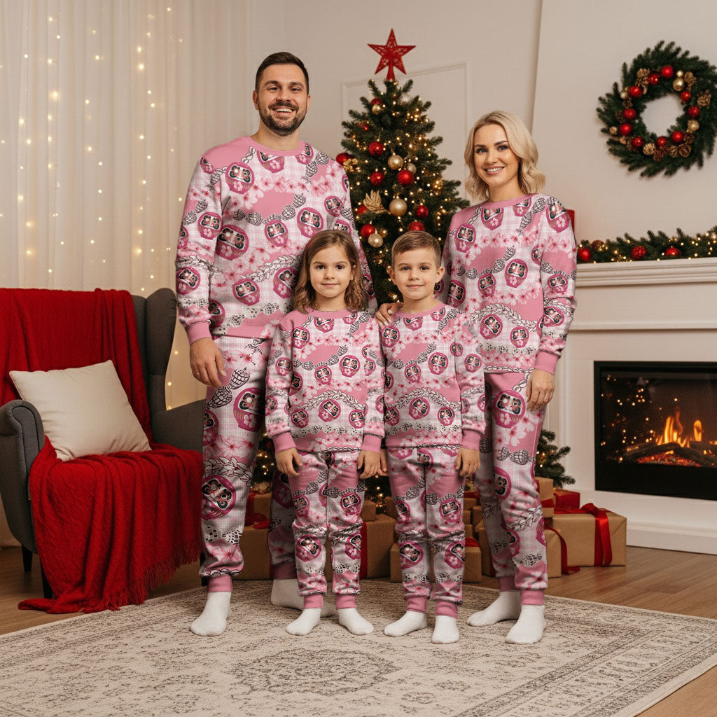 Japanese Daruma Doll Palaka Christmas Pajama Set Cherry Blossoms With Shell Lei LT14 - Polynesian Pride