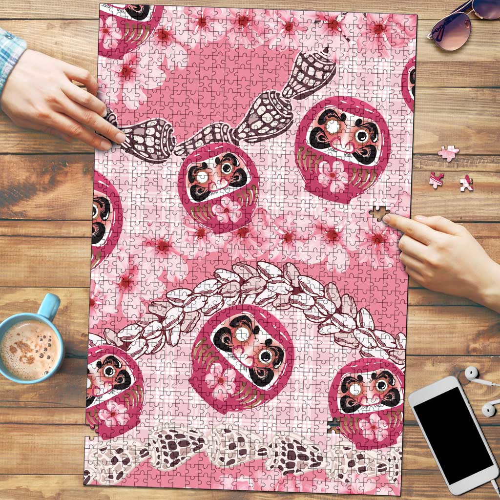 Japanese Daruma Doll Palaka Puzzle Cherry Blossoms With Shell Lei - Polynesian Pride