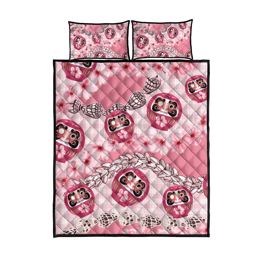 Japanese Daruma Doll Palaka Quilt Bed Set Cherry Blossoms With Shell Lei - Polynesian Pride