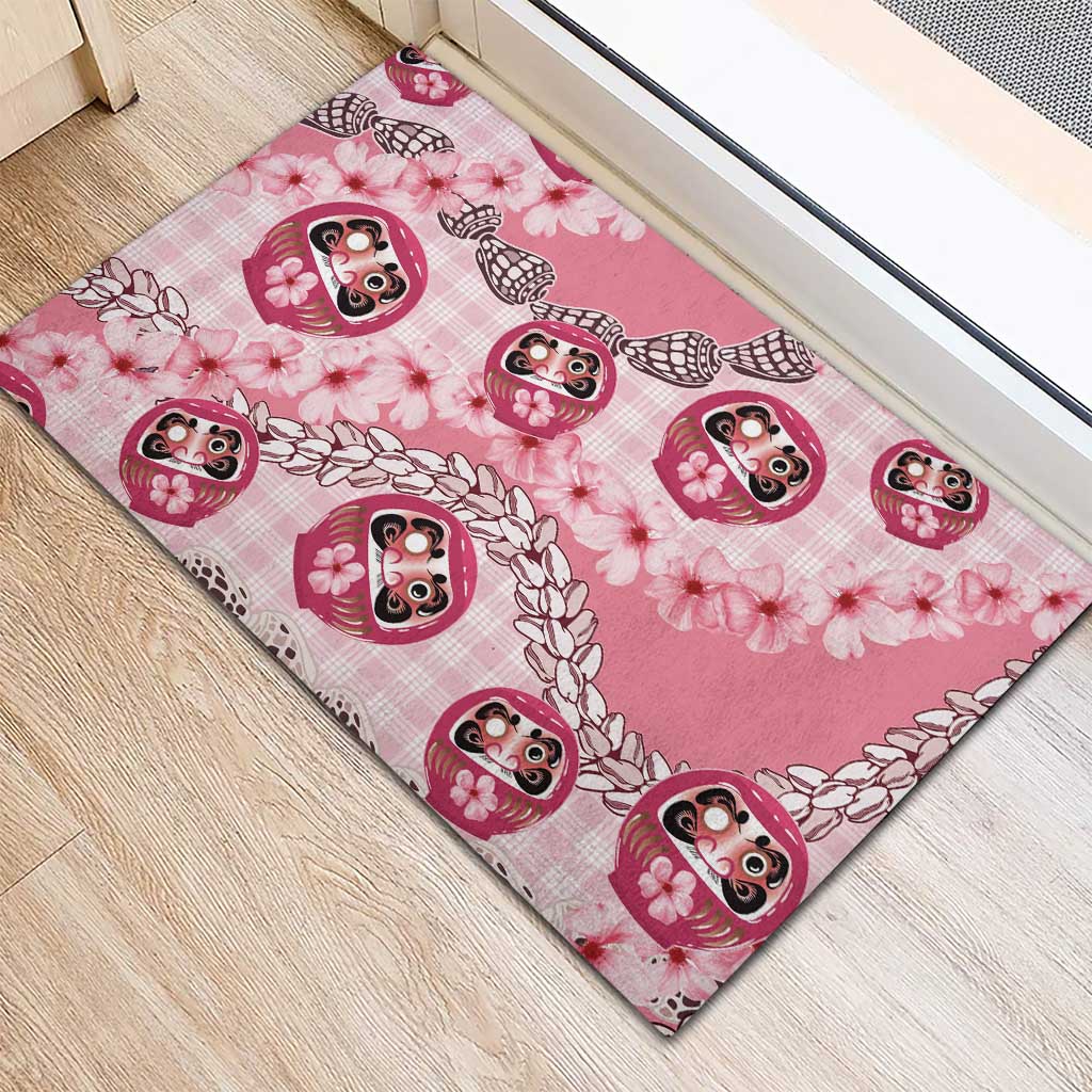 Japanese Daruma Doll Palaka Rubber Doormat Cherry Blossoms With Shell Lei - Polynesian Pride