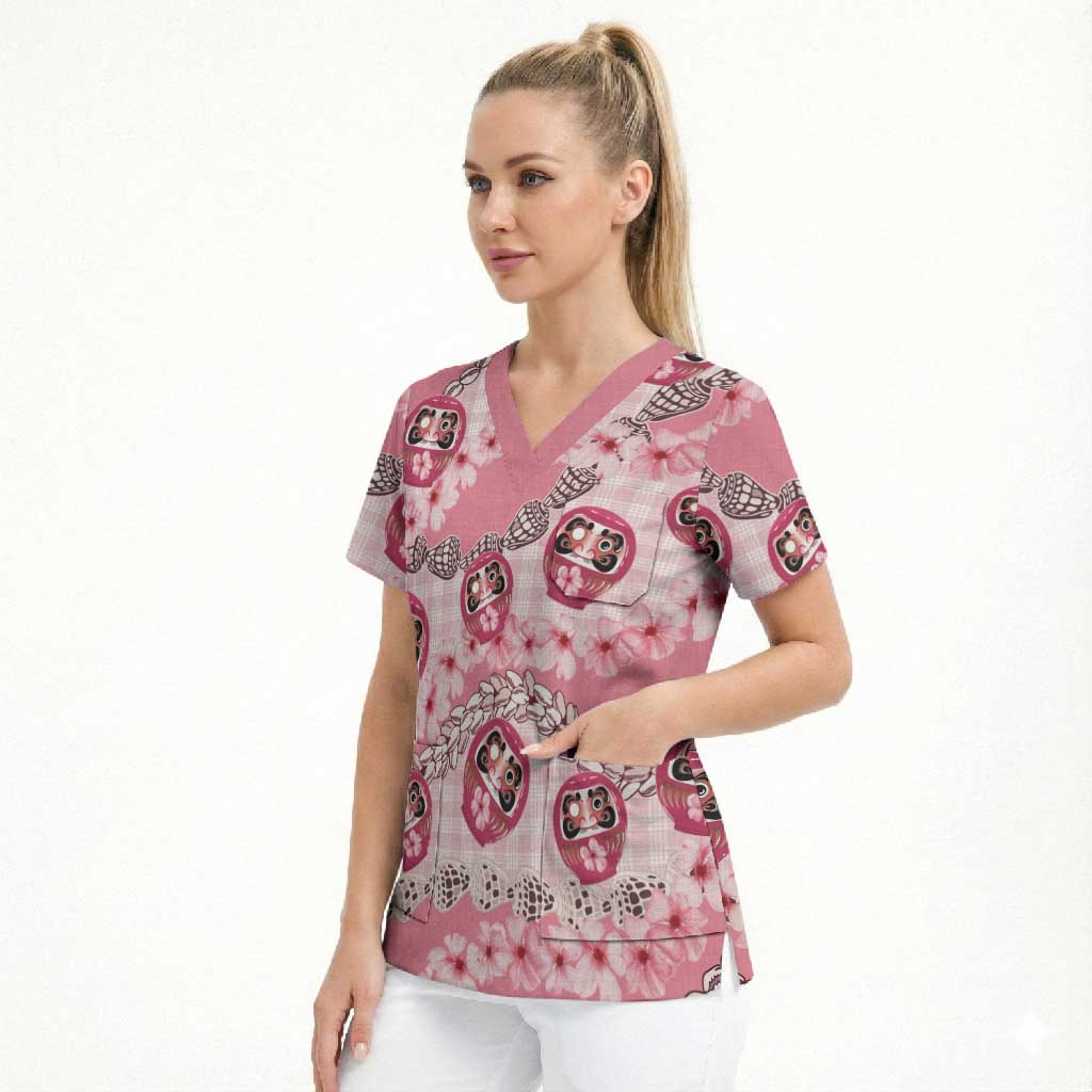 Japanese Daruma Doll Palaka Scrub Top Cherry Blossoms With Shell Lei - Polynesian Pride