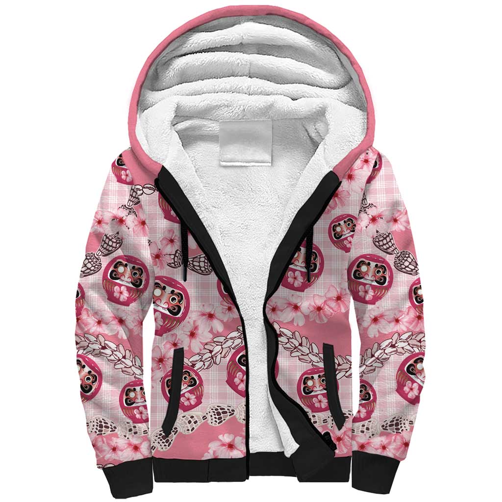 Japanese Daruma Doll Palaka Sherpa Hoodie Cherry Blossoms With Shell Lei - Polynesian Pride