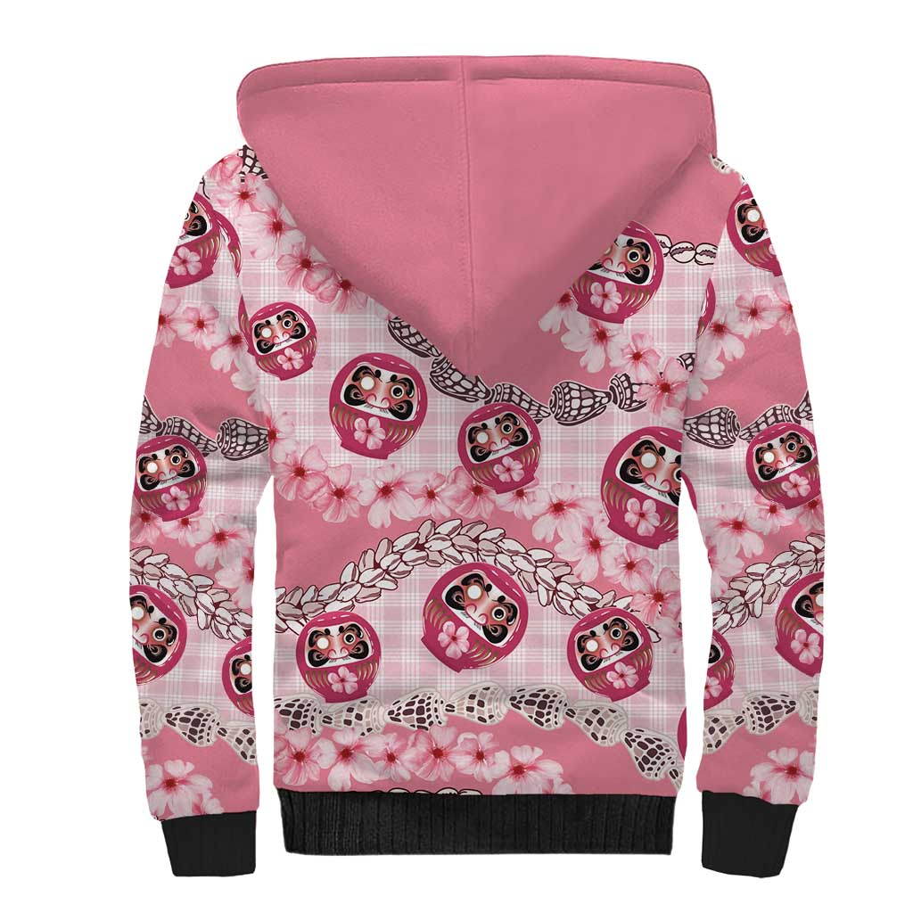 Japanese Daruma Doll Palaka Sherpa Hoodie Cherry Blossoms With Shell Lei - Polynesian Pride