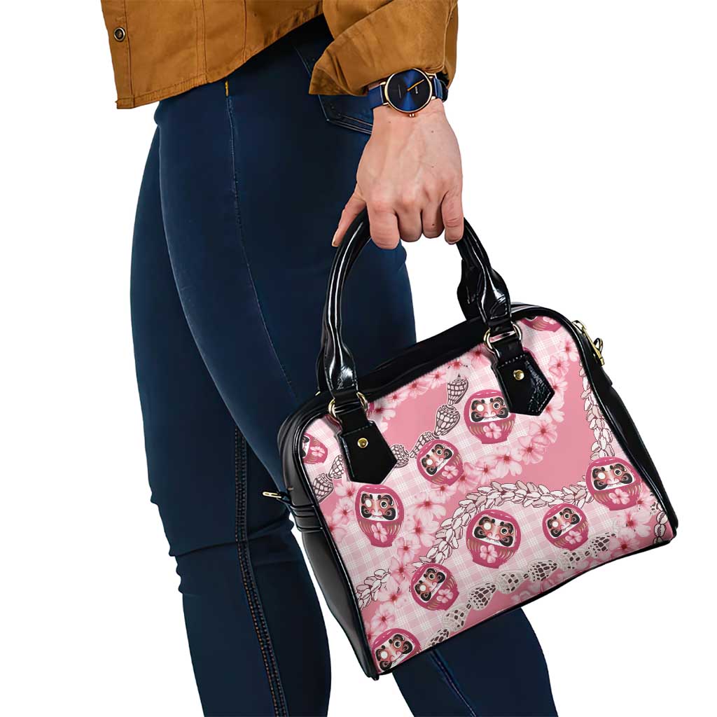 Japanese Daruma Doll Palaka Shoulder Handbag Cherry Blossoms With Shell Lei - Polynesian Pride
