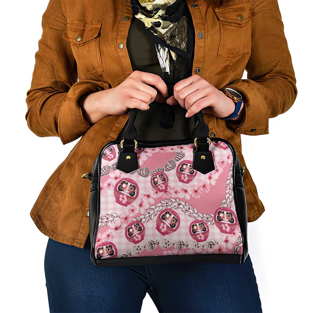 Japanese Daruma Doll Palaka Shoulder Handbag Cherry Blossoms With Shell Lei - Polynesian Pride