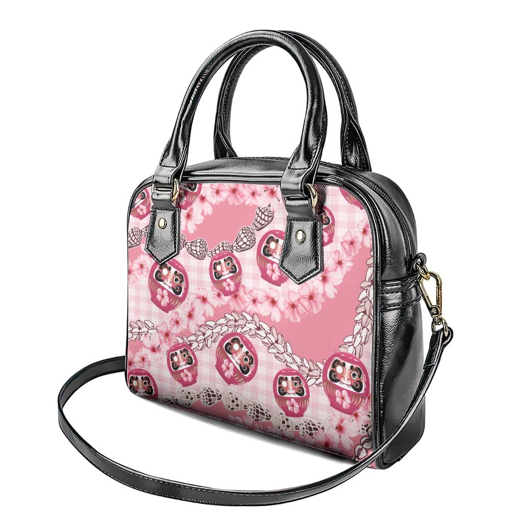 Japanese Daruma Doll Palaka Shoulder Handbag Cherry Blossoms With Shell Lei - Polynesian Pride
