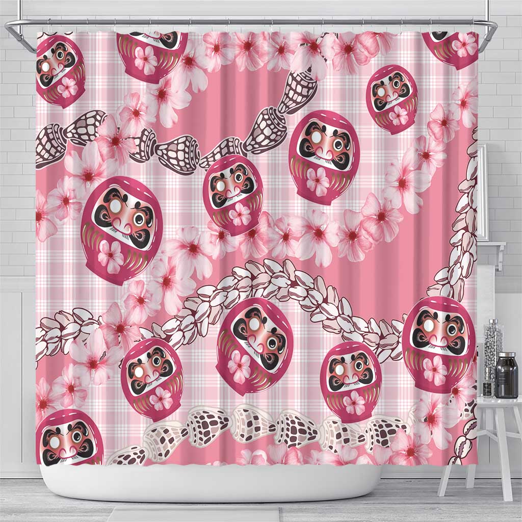 Japanese Daruma Doll Palaka Shower Curtain Cherry Blossoms With Shell Lei - Polynesian Pride