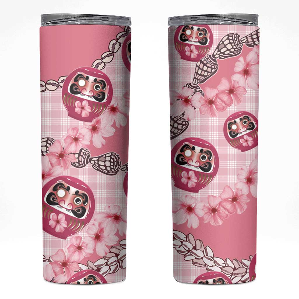 Japanese Daruma Doll Palaka Skinny Tumbler Cherry Blossoms With Shell Lei - Polynesian Pride