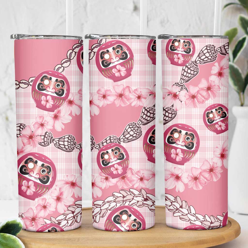 Japanese Daruma Doll Palaka Skinny Tumbler Cherry Blossoms With Shell Lei - Polynesian Pride