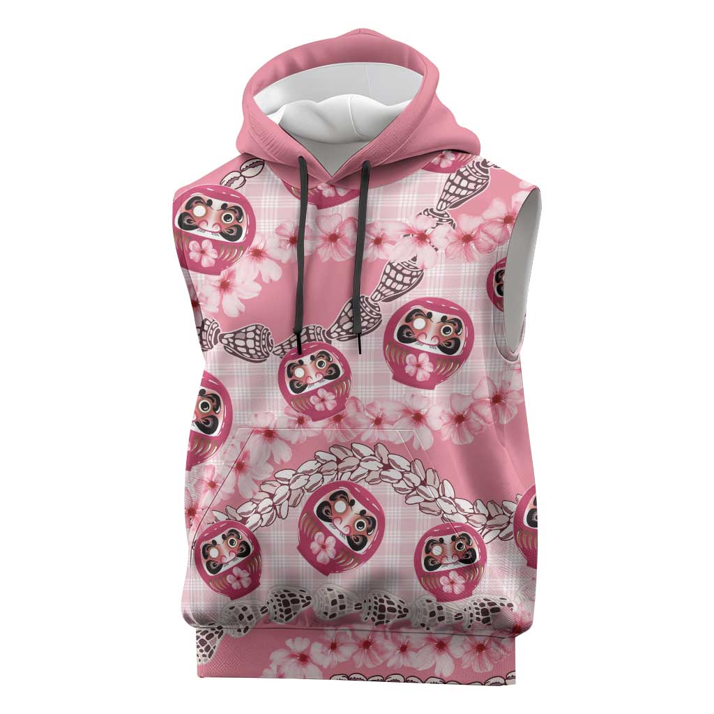 Japanese Daruma Doll Palaka Sleeveless Hoodie Cherry Blossoms With Shell Lei - Polynesian Pride