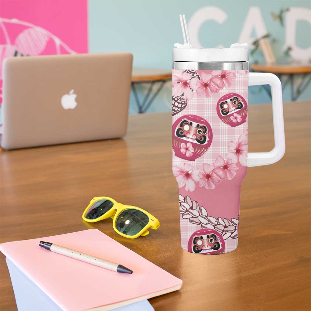 Japanese Daruma Doll Palaka Tumbler With Handle Cherry Blossoms With Shell Lei - Polynesian Pride
