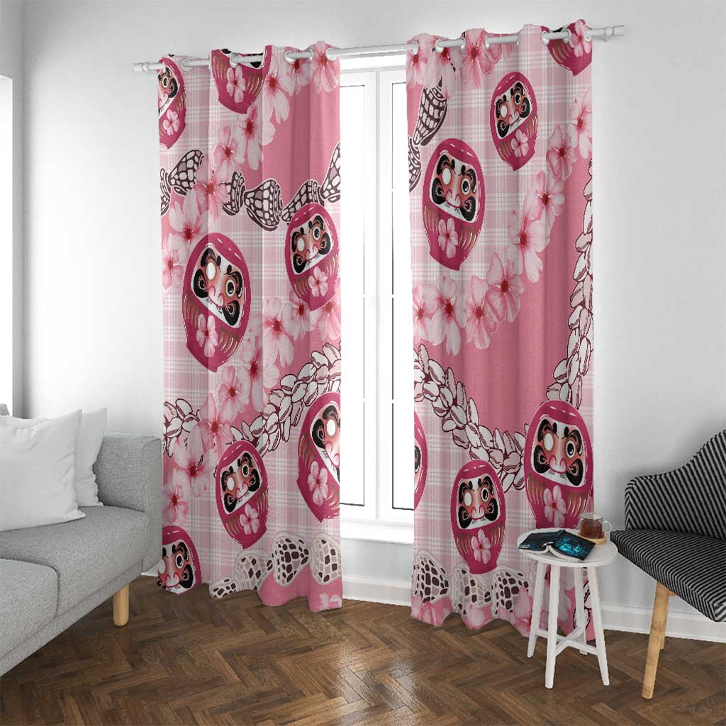 Japanese Daruma Doll Palaka Window Curtain Cherry Blossoms With Shell Lei - Polynesian Pride