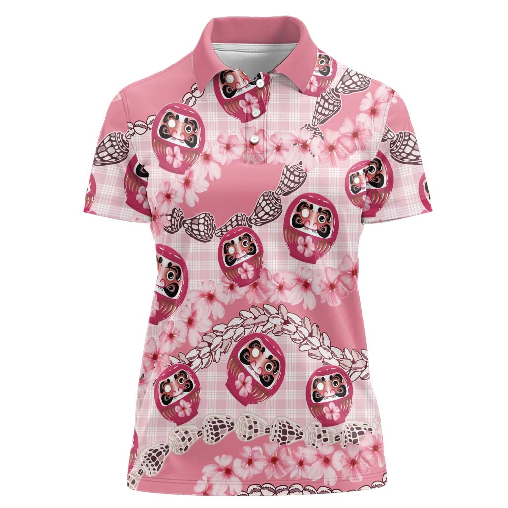 Japanese Daruma Doll Palaka Women Polo Shirt Cherry Blossoms With Shell Lei - Polynesian Pride