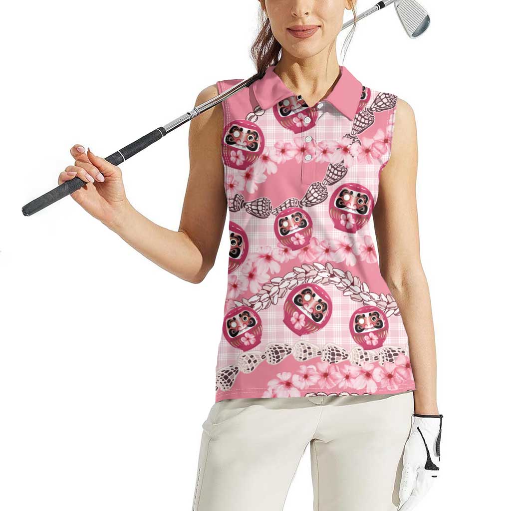 Japanese Daruma Doll Palaka Women Sleeveless Polo Shirt Cherry Blossoms With Shell Lei - Polynesian Pride