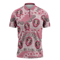 Japanese Daruma Doll Palaka Zipper Polo Shirt Cherry Blossoms With Shell Lei - Polynesian Pride