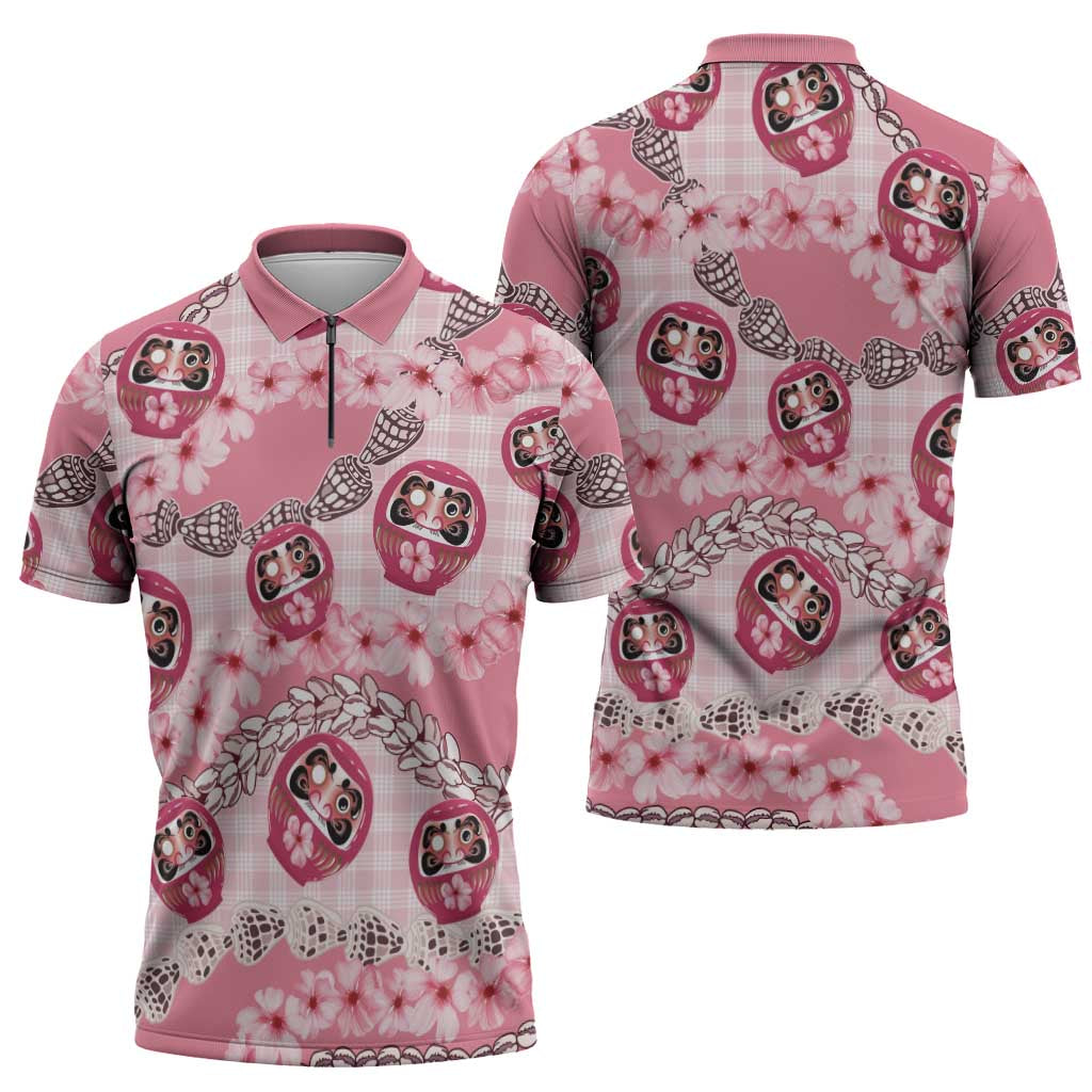 Japanese Daruma Doll Palaka Zipper Polo Shirt Cherry Blossoms With Shell Lei - Polynesian Pride