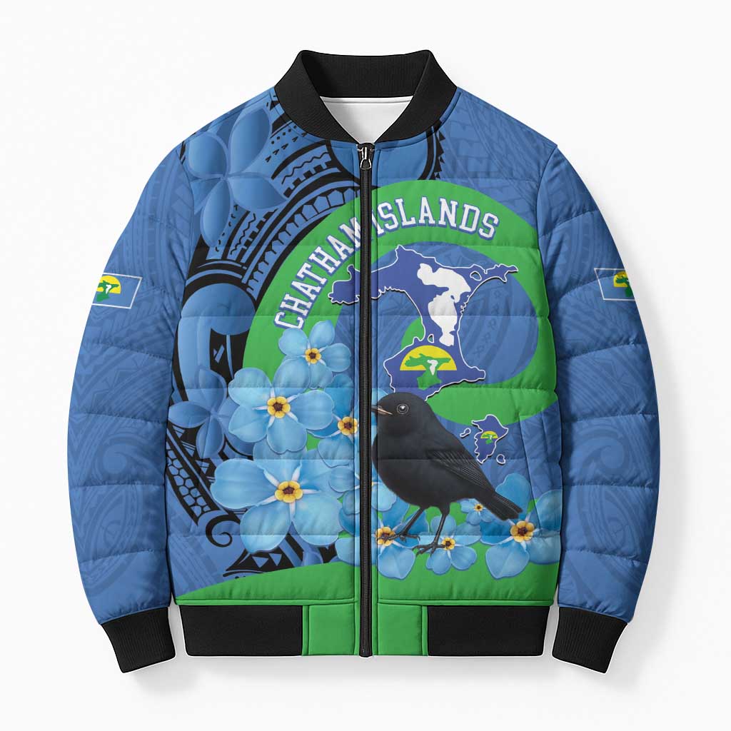 New Zealand Chatham Islands Bomber Puffer Jacket Wharekauri Forget Me Not With Black Robin - Polynesian Pride
