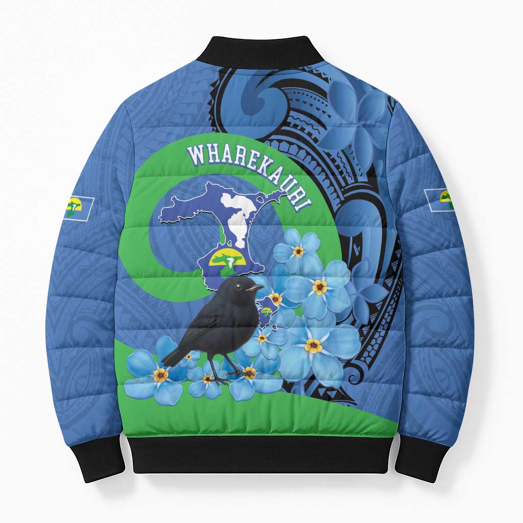 New Zealand Chatham Islands Bomber Puffer Jacket Wharekauri Forget Me Not With Black Robin - Polynesian Pride